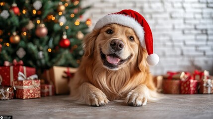 happy golden retriever dog wearing a Santa hat, sitting near a Christmas tree with presents