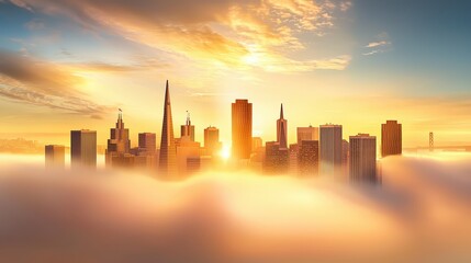 Obraz premium Early morning San Francisco skyline with the city's famous landmarks bathed in soft sunlight, and a layer of fog rolling in from the bay.