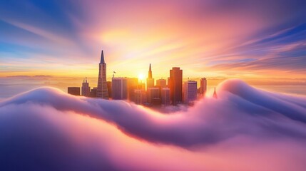 Fototapeta premium Early morning San Francisco skyline with the city's famous landmarks bathed in soft sunlight, and a layer of fog rolling in from the bay.