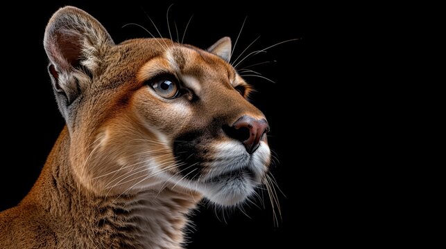 Close-up of a puma's head on a black background, side view. Illustration for cover, postcard, interior design, banner, brochure, etc.