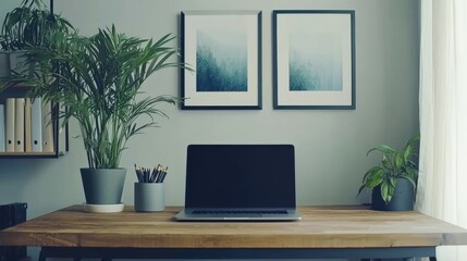 A minimalist desk setup featuring a sleek laptop, a potted plant, and soft lighting. This clean and organized workspace creates a calming atmosphere ideal for productivity and creativity