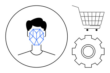A person with a geometric facial recognition pattern, a shopping cart and a cogwheel symbolizing settings. Ideal for biometrics, e-commerce, automation, artificial intelligence, security, and tech