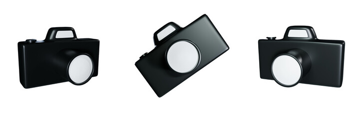 Cartoon 3D camera in black color in different angles on a transparent background