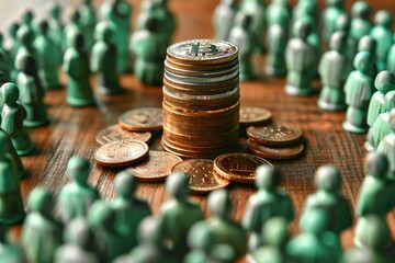 stack of coins surrounded by green figures on a wooden desk, representing crowdfunding and philanthropic support in a corporate setting.