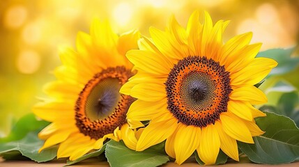 Fototapeta premium Sunflower flower close up. Floral abstract background. Blooming agricultural plant in the field. Illustration for cover, card, postcard, interior design, decor or print.