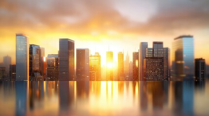 Obraz premium Evening city skyline with golden sunset hues, reflected on glass skyscrapers and casting a warm glow over the urban landscape