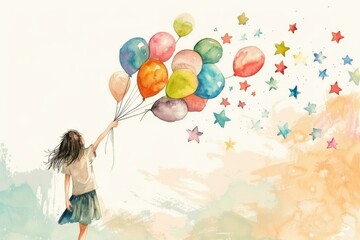 A young child holding a collection of colorful balloons