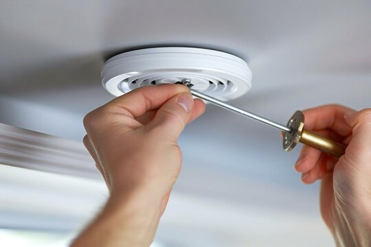 close-up shot of a person's hand using a screwdriver to install a smoke detector on the ceiling at home.