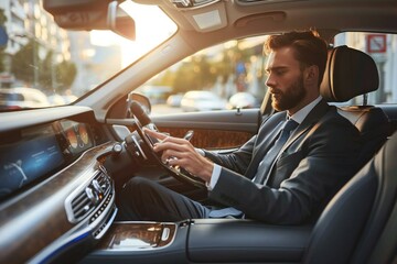 young businessman sitting inside a self-driving car, using a tablet while the car drives autonomously.