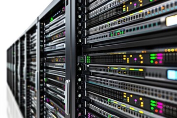 Naklejka premium Row of servers in a data center with rows of equipment and network cables