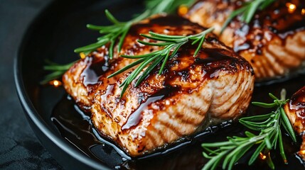 Baked honey-glazed salmon, drizzled with a balsamic reduction, placed on a matte black dish with glowing rosemary sprigs