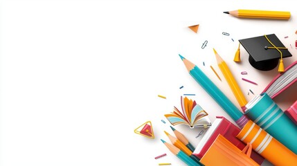 Flyer for a back-to-school event, featuring icons of books, pencils, and graduation caps with space for event details and educational highlights.