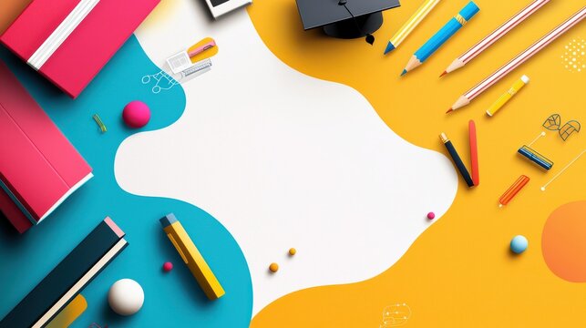 Flyer for a back-to-school event, featuring icons of books, pencils, and graduation caps with space for event details and educational highlights. - Powered by Adobe