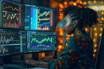 An African American businesswoman analyzing graphs on multiple computer screens at her desk in the office.