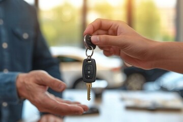 close-up shot of a man's hand placing a car key onto another hand, symbolizing a giving gesture in a car sale transaction.