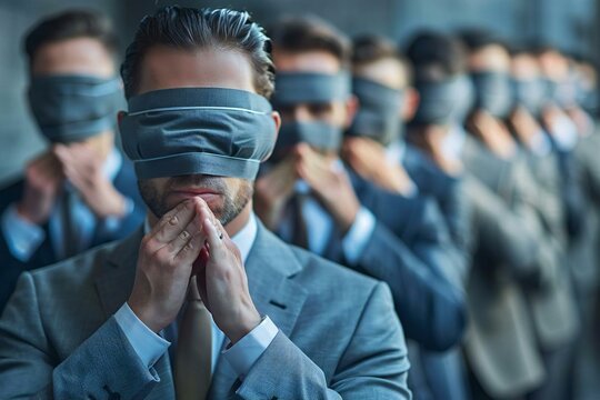 holding blindfold, uncertainty, team, corporate, concept