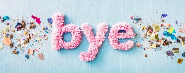 Fluffy pink goodbye text with colorful confetti on blue background