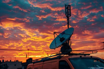 The silhouette of a satellite dish antenna on top of a TV van against the sky.