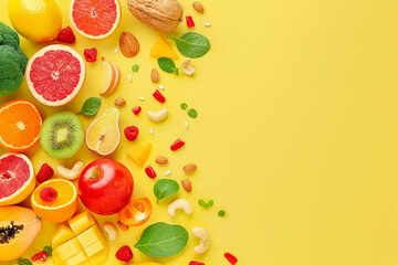 A yellow background with a variety of fruits and vegetables, including apples