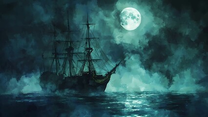 Fototapeta premium Ghost Ship Under Moonlight: A lone, weathered ship cuts through the mist, silhouetted against a full moon, evoking a sense of mystery and haunting beauty.