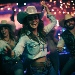 Portrait of a woman with a cowboy hat dancing in a nightclub