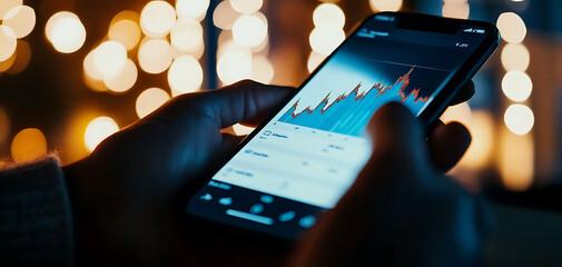 Person analyzing financial data on smartphone with vibrant bokeh background.