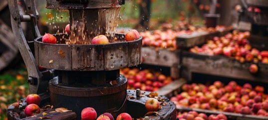 Vintage Cider Press at Harvest Festival with Apples and Rustic Machinery in Autumn Setting