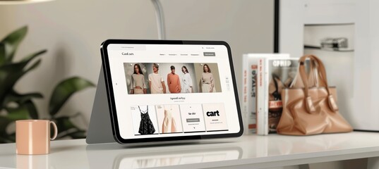 Online Shopping on Tablet Display for Fashion Products with Minimalist Desk Setup