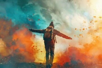 A man standing alone in a cloudy sky, ideal for backgrounds or conceptual images