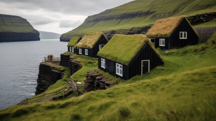 Grass-Roofed Houses on a Cliffside in the Faroe Islands