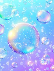 Bubbles of various sizes drift through the air, reflecting light and colors in a playful and vibrant setting filled with blue and purple tones