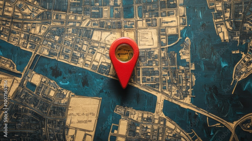 Poster map with red location pin on city layout, navigation concept
