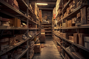 Fototapeta premium A warehouse with many boxes on the shelves