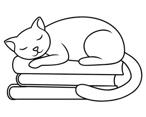 Cat Sleeping On Books line art illustration,Cat Sleeping On Books coloring page drawing