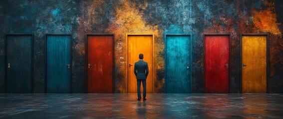 A man in a suit stands in front of seven doors, each a different color, in a dimly lit room.