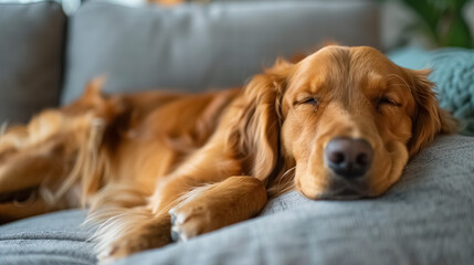 Golden retriever dog is lying on a cozy sofa