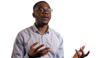 African male business owner giving a motivational talk on white background