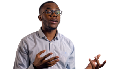 African male business owner giving a motivational talk on white background