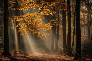 Enchanting autumn forest with tall trees and orange leaves illuminated by soft sunlight in misty atmosphere for nature or seasonal concepts - Powered by Adobe