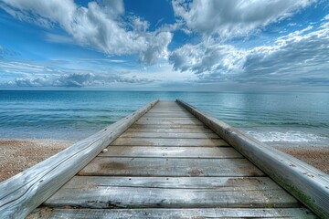 Fototapeta premium A wooden pier extends into the sea, suitable for beach or coastal scenes