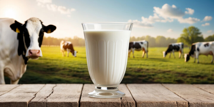 A glass and a bottle of pure milk on a wooden table with a cow farm in the background.