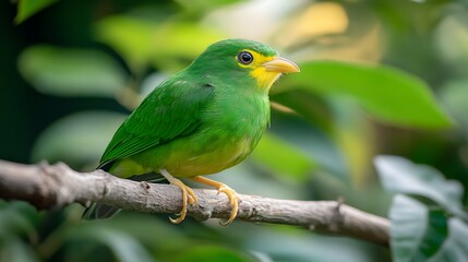 Fototapeta premium Green Broadbill Bird Perched on a Branch in Nature, Photo Realistic, Wallpaper, Cover and Screen for Smartphone, PC, Laptop, 9:16 and 16:9 Format