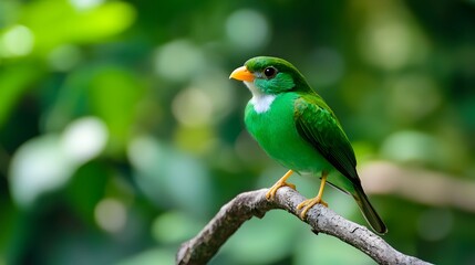 Obraz premium Green Broadbill Bird Perched on a Branch in Nature, Photo Realistic, Wallpaper, Cover and Screen for Smartphone, PC, Laptop, 9:16 and 16:9 Format