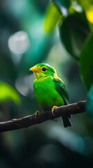 Green Broadbill Bird Perched on a Branch in Nature, Photo Realistic, Wallpaper, Cover and Screen for Smartphone, PC, Laptop, 9:16 and 16:9 Format