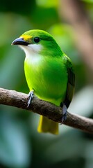 Naklejka premium Green Broadbill Bird Perched on a Branch in Nature, Photo Realistic, Wallpaper, Cover and Screen for Smartphone, PC, Laptop, 9:16 and 16:9 Format