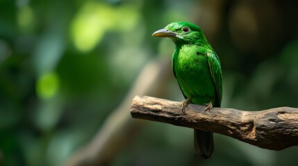 Obraz premium Green Broadbill Bird Perched on a Branch in Nature, Photo Realistic, Wallpaper, Cover and Screen for Smartphone, PC, Laptop, 9:16 and 16:9 Format