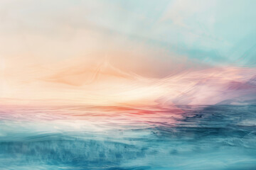 Obraz premium A painting of a beach with a blue ocean and a pink sky