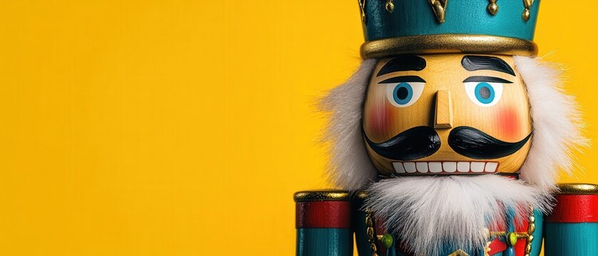 A wooden nutcracker with a blue crown
