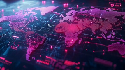 World map, planisphere with interconnections. Social networks and internet connections, glowing color lines connecting bright nodes. Technology, data science, and futuristic networks. Ai generative