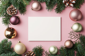Flat lay of Christmas decorations and blank card surrounded by pine branches, baubles, and pinecones for festive holiday concepts or greeting card designs